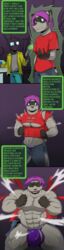 2016 abs anthro barely_contained big_bulge big_muscles big_pecs black_body black_fur black_markings bulge bursting_out_of_clothing closed_eyes clothing colored comic confusion dipstick_ears domestic_cat duo facial_markings felid feline felis fur geng genji_(geng) gloves_(marking) grey_body grey_fur growth hair head_markings hi_res huge_bulge huge_muscles jockstrap laser male mammal markings mask_(marking) motion_lines multicolored_ears muscle_growth muscular muscular_arms muscular_thighs open_mouth pecs pink_hair procyonid raccoon ranged_weapon raygun scientific_experiment shaded shirt shocked slim solo_focus surprise t-shirt tearing_clothing teeth text thick_thighs tongue topwear torn_clothing transformation transformation_sequence underwear weapon