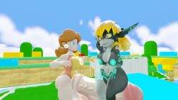 2girls 3d balancing big_ass big_breasts big_penis black_skin brown_hair crossover female_only futanari huge_cock human imp imp_midna mario_(series) mario_and_sonic_at_the_olympic_games midna mr.casino no_helmet_imp_midna nude princess_daisy sitting_on_penis size_difference the_legend_of_zelda thick_thighs twilight_princess