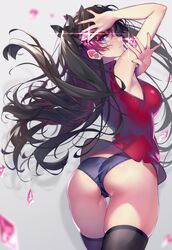 1girls ass barely_visible_genitalia barely_visible_pussy big_ass big_breasts big_butt black_hair blue_eyes clothed clothing fate/stay_night fate_(series) female female_focus female_only gaping gaping_pussy hong_(white_spider) horny long_hair looking_at_viewer looking_back panties ponytail posing solo solo_female solo_focus stockings tohsaka_rin