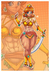 abs arabian_clothes barefoot bikini breasts brown_hair crown darkereve female female_only flower_earrings gold_crown golden_crown harem_girl harem_outfit harem_pants mario_(series) metal_bra muscular_female nintendo orange_hair princess_daisy short_brown_hair short_hair short_orange_hair solo solo_female sword tagme tomboy