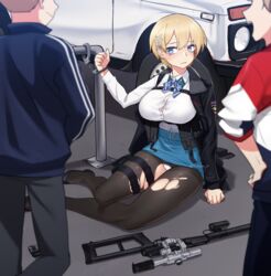 1girls 2boys blonde_hair blue_eyes girls'_frontline handcuffs pencil_skirt restrained skirt tight_skirt torn_clothes torn_clothing torn_pantyhose upskirt vsk-94_(girls_frontline)