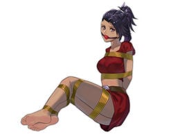 1girls arms_behind_back ball_gag barefoot black_eyes black_hair bondage bound_arms bound_knees bound_legs bound_wrists breasts clothed crop_top dark-skinned_female dark_skin dragon_ball dragon_ball_super earrings feet feet_together female female_only femsub gag gagged kale looking_at_viewer midriff_baring_shirt ponytail purple_eyes rainnear rope rope_bondage saiyan short_hair simple_background skirt soles spiky_hair toes white_background