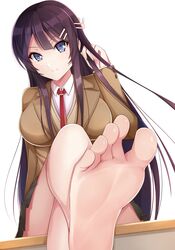 1girls absurd_res absurdres barefoot big_breasts black_hair blue_eyes feet female female_human female_human_feet female_only fixing_hair foot_fetish foot_focus high_resolution highres human human_only looking_at_viewer otono_fei presenting_feet sakurajima_mai school_uniform seishun_buta_yarou_wa_bunny_girl_senpai_no_yume_wo_minai simple_background sitting smile soles solo toes white_skin white_skinned_female young