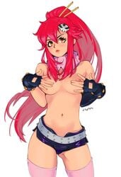 bare_shoulders breasts covering covering_breasts elbow_gloves female fingerless_gloves gloves hair_ornament hairclip long_hair looking_at_viewer navel nipples orange_eyes red_hair shorts tengen_toppa_gurren_lagann thighhighs topless urumi_(urumi00) white_background yoko_littner