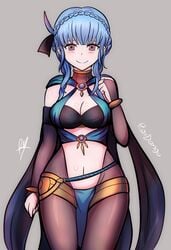 1girls alternate_costume bangs black_bra blue_hair blush bra bracelet braid breasts bridal_gauntlets cape cleavage cosplay cowboy_shot dorothea_arnault_(cosplay) dorothea_arnault_(plegian)_(cosplay) english_commentary female fire_emblem fire_emblem:_three_houses fire_emblem_heroes grey_background groin hair_ornament halterneck highres jewelry large_breasts looking_at_viewer marianne_von_edmund medium_breasts navel nintendo pantyhose pelvic_curtain raydango red_eyes short_hair signature simple_background smile solo thighs underwear