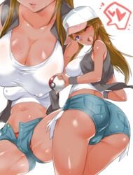 1girls ass big_ass big_breasts blue_eyes brown_hair cosplay echihiro eye_contact female hat hilda_(pokemon)_(cosplay) holding_object holding_poke_ball huge_breasts idolmaster large_breasts long_hair looking_at_viewer looking_back minishorts nintendo open_mouth panties pokeball pokemon pokemon_bw shorts solo standing tan_skin the_idolm@ster_million_live! thick_thighs thighs tokoro_megumi