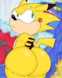 1boy 4:5 ass big_ass big_butt blush electricity eulipotyphlan fan_character filthyopossum fur green_eyes hedgehog hi_res hybrid looking_back male male_focus male_only mammal nintendo pikachu pokémon pokémon_(species) pokemon presenting presenting_hindquarters sega solo solo_male sonic_(series) sonic_the_hedgehog_(series) sonichu sonichu_(character) sonichu_(series) video_games yellow_body yellow_fur