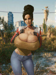 1girls alternate_breast_size big_breasts black_hair boobdollz breasts breasts_bigger_than_head cleavage clothed clothing cyberpunk_2077 dark-skinned_female dark_skin eyeliner eyeshadow female female_only fully_clothed gigantic_breasts hair_bun hands_on_breasts hips huge_breasts hyper hyper_breasts jeans lips looking_at_viewer nipple_bulge nipples panam_palmer perky_breasts presenting presenting_breast smile solo squeezing_breast thighs veiny_breasts voluptuous