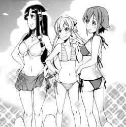 3girls amy_(suisei_no_gargantia) bare_arms bare_legs bare_midriff bare_shoulders bare_thighs belly_button bikini bikini_bottom bikini_top black_and_white dark_hair earrings female female_only hairclip light_hair long_hair manga melty_(suisei_no_gargantia) midriff monochrome multiple_girls navel necklace pearl_necklace ribbon ribbon_in_hair saaya_(suisei_no_gargantia) short_hair sparkles suisei_no_gargantia tied_hair