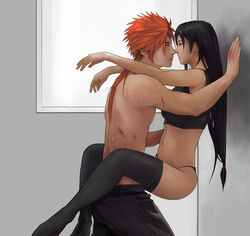 1boy 1boy1girl 1girls against_wall arms_around_neck black_hair black_panties black_stockings eye_contact female final_fantasy final_fantasy_vii final_fantasy_vii_remake legs_around_partner legs_around_waist long_hair male male/female nose_to_nose panties passionate red_hair reno scratches sensual sexual_tension sports_bra standing stockings straight straight_hair suggestive sweat thighhighs thong tifa_lockhart