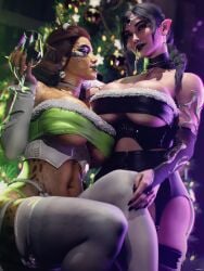 2girls 3d 3d_(artwork) ass baldur's_gate baldur's_gate_3 big_ass big_breasts breasts christmas christmas_lingerie christmas_outfit christmas_tree dark_hair dungeons_and_dragons elf female female_only forgotten_realms githyanki green_skin lae'zel medium_breasts pointy_ears ravelent shadowheart thick_thighs yuri