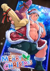 1boy 2020 bara bare_pectorals belly bulge christmas dildo fake_beard fake_facial_hair from_below gift gift_wrapping hat highres holding holding_gift holding_sex_toy incoming_gift kumagorow large_pectorals male_focus male_only merry_christmas muscular muscular_male navel navel_hair night night_sky nipples one_eye_closed original pectorals plump red_headwear santa_costume santa_hat sex_toy short_hair shorts sky smile solo spread_legs thick_eyebrows undercut