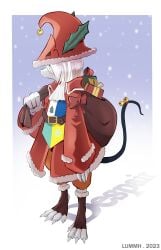 4_fingers 4_toes anthro christmas christmas_present clothed clothing english_text female final_fantasy final_fantasy_ix freya_crescent hi_res highres long_tail lummh rodent santa_bag santa_costume simple_background solo square_enix white_fur white_hair