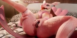 2:1 3d_(artwork) anthro areola ass bed big_breasts big_butt breasts digital_media_(artwork) female furniture furromantic genitals hi_res looking_at_viewer lovander lying nipples nude on_back open_mouth pal_(species) palworld pink_areola pink_body pink_nipples presenting presenting_pussy pussy scalie solo spread_pussy spreading text thick_thighs tongue