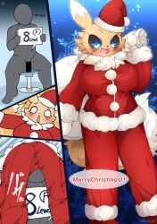 anthro bandai_namco black_sclera blue_eyes blush breasts canid canine censored christmas christmas_clothing clothing digimon digimon_(species) female fur hinata_sakamoto holidays male mammal renamon yellow_body