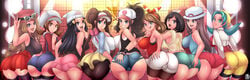 6+girls 9girls absurd_res alternate_breast_size aqua_eyes ass back big_ass big_breasts big_butt bikini black_hair blue_eyes blue_hair blush breasts brown_eyes brown_hair bubble_ass bubble_butt butt_crack cameltoe cleavage color cutout dat_ass dawn_(pokemon) eyelashes female female_only glasses grey_eyes hand_on_ass hat hi_res hilda_(pokemon) human human_only kris_(pokemon) large_ass large_breasts large_butt leaf_(pokemon) lineup long_hair looking_at_viewer looking_back lyra_(pokemon) may_(pokemon) may_(pokemon_oras) multiple_girls naughty_face nintendo open_mouth pokemon pokemon_bw pokemon_bw2 pokemon_dppt pokemon_frlg pokemon_gsc pokemon_hgss pokemon_oras pokemon_sm pokemon_xy ponytail revolverwingstudios ribbon rosa_(pokemon) seductive seductive_smile selene_(pokemon) serena_(pokemon) serena_(pokemon_games) shiny_skin short_hair sideboob smile string_bikini sunglasses sunglasses_on_head swimsuit text thick_thighs thigh_gap thighs tied_hair tongue tongue_out twintails v wide_hips