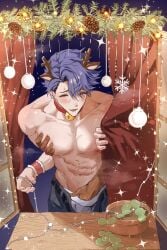 abs christmas christmas_decorations gay grabbing_chest grabbing_pecs hand_in_pants honkai:_star_rail male male_focus male_only open_pants pecs pectorals reindeer_antlers sampo_(honkai_star_rail) shirtless solo solo_focus solo_male touching_chest underwear yaoi