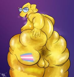 absurd_res alphys anus ass balls big_butt bodily_fluids bodypaint breasts female genitals hand_on_butt hi_res huge_butt lgbt_pride lizard looking_back musk obese obese_female overweight overweight_female painted_butt pride_colors reptile scalie small_breasts solo spread_anus spreading sweat transgender_flag transgender_pride_colors undertale_(series) weavvevo