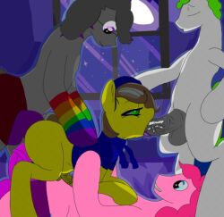 blowjob blue_eyes gay green_eyes grey_body grey_hair h-p lime_hair my_little_pony oc orgy pegging pink_body pink_hair pinkie_pie_(mlp) purple_eyes purple_hair white_body yellow_body