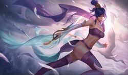 1girls birds bra cloudscape detached_sleeves fiora_laurent forehead_jewel hair_ornament holding_weapon immortal_journey_series league_of_legends lingerie long_hair panties richtofen soaring_sword_fiora strapless_bra sword tagme thighhighs