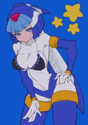 1girls armpits bangs blue_background blue_eyes blush_lines breasts buzzlyears fairy_leviathan female hand_on_hip long_hair looking_at_viewer mega_man mega_man_zero solo solo_female solo_focus