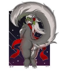 2023 absurd_res anthro anus ass canid canine canis female fluffy fluffy_tail fur genitals glowing glowing_eyes green_eyes grey_body grey_fur hi_res licking licking_lips looking_at_viewer mammal pussy scarf simple_background solo tail tongue tongue_out tybalt_draws vulpa_(tybalt_draws) wolf