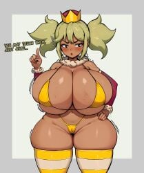 big_breasts black_skin blonde_hair bra brawl_stars breasts crown female huge_breasts mandy_(brawl_stars) monkechrome text thick_ass thick_thighs