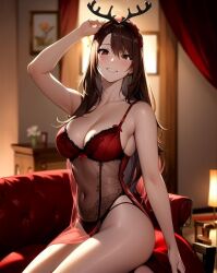 1girls ai_generated ai_mirror arm_up belly_button blush brown_eyes brown_hair curtains earrings flower_pot hand_on_head lamp long_hair looking_at_viewer medium_breasts picture_on_wall red_bodysuit red_panties reindeer_antlers smile sofa transparent_clothing white_skin