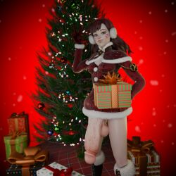 3d big_penis black_hair christmas christmas_outfit christmas_tree d.va futa_only futanari light-skinned_futanari looking_at_viewer manufatura mummy_costume overwatch overwatch_2 peace_sign self_upload solo_futa tagme thin_female thin_waist veins