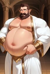 1boy ai ai_generated bara big_belly big_chest big_gut big_nose big_pecs brown_hair facial_hair fat fat_belly holding_belly huge_belly huge_gut karomiz male male_only overweight overweight_male pointy_ears rokudenashi_(style) round_belly solo solo_male squeezing_own_belly