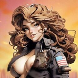 ai_generated american_flag big_hair brown_hair dva(last_war) earrings girl grey_eyes last_war medium_breasts military nude padum radio