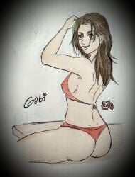 1girls 2021 aged_up ass attack_on_titan back bikini breasts brown_eyebrows brown_eyes brown_hair dimples_of_venus gabi_braun grown_up hand_drawn hand_on_hair looking_back_at_viewer pencil_(artwork) post-timeskip red_bikini shingeki_no_kyojin sitting smile snk_andree_art swimsuit thick_eyebrows time_skip traditional_media_(artwork)