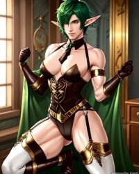 1boy 1cuntboy ai_generated athletic athletic_male cape cuntboy elf elf_ears garter_straps gloves green_hair intersex male muscular muscular_male solo thighhighs