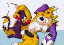 1boy 1futa anthro balls bandai_namco big_penis black_sclera blue_eyes bodily_fluids breasts clothing digimon digimon_(species) duo fur genital_fluids genitals gloves gynomorph handwear hi_res impmon intersex intersex/male male male_on_futa nipples penis renamon rotten_owl sex simple_background size_difference small_dom_big_sub traditional_media_(artwork) white_background white_body white_fur yellow_body yellow_fur