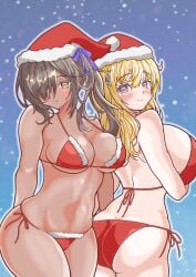 2girls ass ass_cleavage back back_view bangs bare_shoulders bikini black_hair blonde_hair blush breasts christmas christmas_bikini christmas_outfit cleavage closed_mouth dark-skinned_female eyebrows_visible_through_hair female female_only goddess_of_victory:_nikke hair_covering_eye hair_ornament hair_ribbon highres huge_breasts light-skinned_female long_hair looking_at_viewer looking_back mole mole_under_eye mole_under_mouth naga_(nikke) navel orange_eyes purple_eyes santa_hat side_ponytail sideboob sidelocks smile tia_(nikke) wildcatmalia