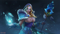 1girls breasts breasts_out crystal_maiden dota_2 female female_only front_view light-skinned_female liquid_(artist) looking_at_viewer magic partially_clothed tagme white_hair