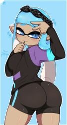 ass ass_focus big_ass big_eyes blue_background blue_eyes blue_hair blue_tentacles blush deviantart inkling_girl inklingloe nintendo oc peace_sign shiny_clothes shiny_skin skin_tight_shorts splatoon splatoon_2 tentacle_hair tight_shorts