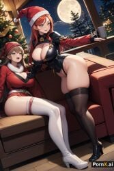 2girls ai_generated beanie christmas christmas_outfit christmas_tree full_body high_heels_boot huge_ass huge_breasts large_breasts light-skinned_female light_skin milf moon night original_character pornx.ai red_hair sitting standing stockings straight_hair thick_thighs