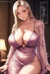 1girls ai_generated ai_love_higokko blonde_hair breasts cleavage female holaraai huge_breasts indoors light-skinned_female light_skin lingerie long_hair looking_at_viewer massive_breasts mature_female milf mommy mother original original_character red_eyes smile stable_diffusion thick_thighs wide_hips