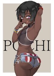 1boy :p absurdres arm_up armpits ass black_femboy black_hair blush character_name cutoffs dark-skinned_femboy dark-skinned_male dark_skin english_text femboy gluteal_fold halterneck highres jairou licking_lips looking_at_viewer looking_back male male_only original pochi_(jairou) short_hair short_shorts shorts side-tie_shorts smile smiling_at_viewer solo tongue tongue_out trap