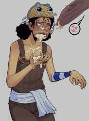 blush cum_drip cum_in_mouth cum_on_body cum_on_hand fetaccine floating_penis full_color fully_clothed gay heart-shaped_pupils male male_only no_background no_penetration one_piece skinny sweat tearing_up usopp