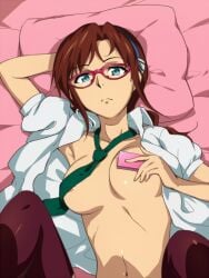 00s aqua_eyes areola_slip bed_sheet blue_eyes breasts brown_hair cellphone convenient_censoring evangelion:_2.0_you_can_(not)_advance female frown glasses hairband hairu long_hair looking_at_viewer lying makinami_mari_illustrious medium_breasts navel necktie neon_genesis_evangelion no_bra on_back open_clothes open_shirt phone pillow rebuild_of_evangelion red-framed_eyewear shiny_skin shirt solo thighhighs