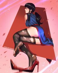 1girls 2023 ass black_hair blush chichi chinese_clothes closed_eyes dorndraws dragon_ball female female_only heels hi_res long_hair on_side ponytail solo stockings torn_stockings