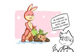 anal anal_sex anthro arcade_bunny bodily_fluids chespin duo ejaculation ejaculation_while_penetrated generation_6_pokemon hi_res humanoid humanoid_genitalia male male/male nintendo penetration pokemon pokemon_(species) simple_background star sweat tomotomo15 translation_request