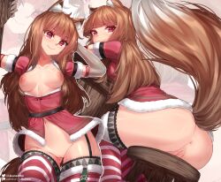 animal_ear_fluff animal_ears anus arm_support ass black_thighhighs blue_clothing blue_dress brown_hair butt_focus christmas clothed clothing clothing_lift dress dress_lift female genitals hair hi_res holo lace-trimmed_thighhighs leaning leaning_forward legwear likunea long_hair long_sleeves looking_at_viewer looking_back mouth_closed patreon_username pussy red_dress red_eyes smile solo spice_and_wolf stockings tail thigh_highs twitter_username upskirt wolf_ears wolf_girl wolf_tail xmas