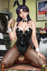 1girls beer_can breasts bunny_ears bunny_girl bunnysuit can choker cleavage cuffs fake_animal_ears female female_only fully_clothed kneeling leotard misato_katsuragi neon_genesis_evangelion pantyhose red_eyes sciamano240 shiny_clothes solo thick_thighs tight_clothing