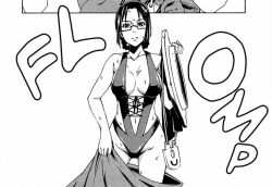 bare_arms bare_legs bare_midriff bare_shoulders bare_thighs belly_button black_and_white black_glasses cleavage dark_hair glasses long_hair manga midriff navel ridget_(suisei_no_gargantia) sling_bikini sling_swimsuit slingshot_bikini slingshot_swimsuit suisei_no_gargantia tied_hair water_drop water_droplets water_drops