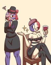 cocomooooochi countryhumans countryhumans_girl france france_(countryhumans) french_flag hat rule_63 star union_jack united_kingdom united_kingdom_(countryhumans) wine