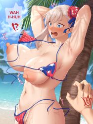 1girls ai_translated ao_banana beach big_breasts bikini blue_eyes breasts breasts_out command_spell english_text fate/grand_order fate_(series) fujimaru_ritsuka_(male) highres huge_breasts light-skinned_female light_skin machine_translated miyamoto_musashi_(fate) miyamoto_musashi_(swimsuit_berserker) nipples out_of_frame surprised surprised_expression sweat sweaty_body swimsuit translated wardrobe_malfunction wet wet_body wet_skin