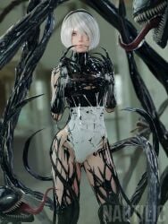 1girls 3d alien alternate_breast_size bangs blue_eyes breasts claws corruption crossover curvaceous curvy female female_only finalizer14 huge_ass huge_breasts human kneeling large_ass large_breasts lips long_nails marvel nautilic nier:_automata she-venom skin_tight slime solo symbiote thick_thighs transformation venom venom_(marvel) wet white_hair wide_hips yorha_2b